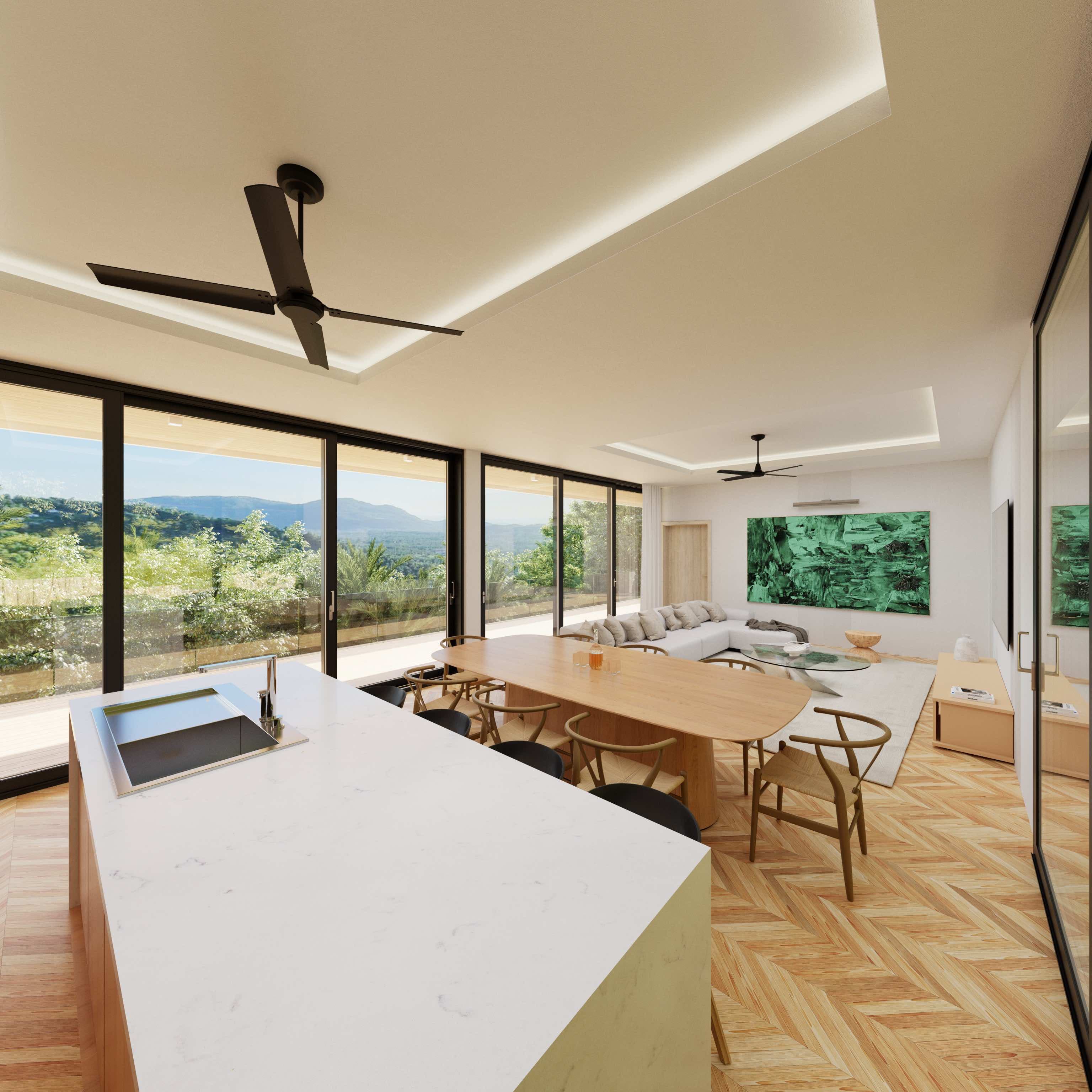 Open-plan luxury villa interior overlooking green hills