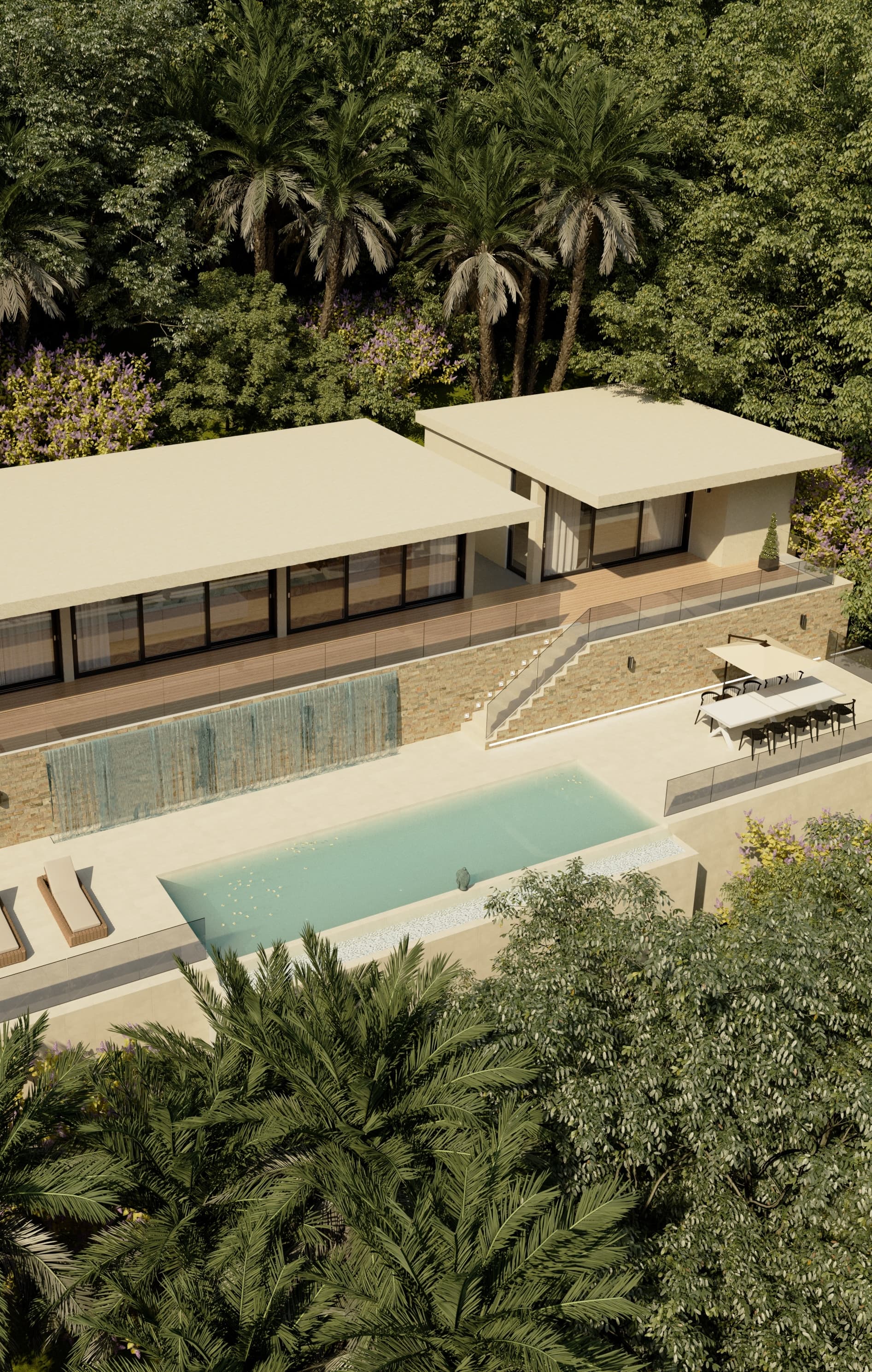 Scale model of a modern villa surrounded by tropical landscaping